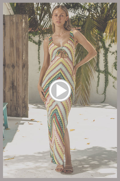 HIGH NOON HEAT - Drawstring Peek A Boo Maxi Dress • Multicolor