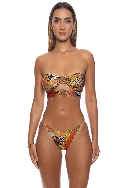TROPICAL MAJESTY - Double Loop Bandeau Crop Top  & Chain Sides Full Back Bottom • Multicolor