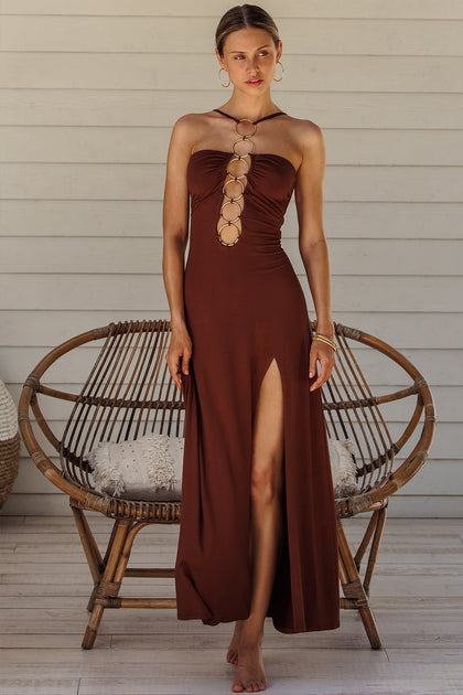 VELVET SHORES - Halter Ring Long Dress • Brown