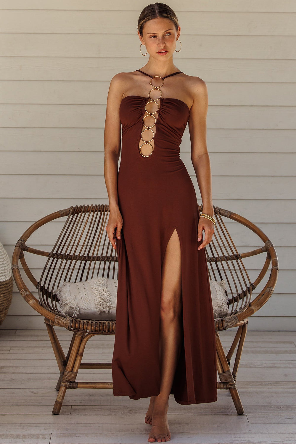 VELVET SHORES - Halter Ring Long Dress • Brown
