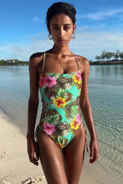 VISIONS OF PARADISE - Chain Square Neck Laced Up One Piece