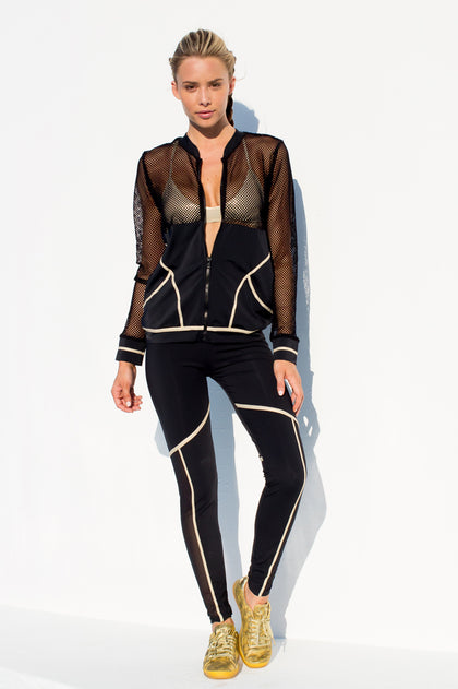 WARRIOR SPIRIT - Fishnet Bomber Jacket & Gold Trimmed Legging • Black Gold