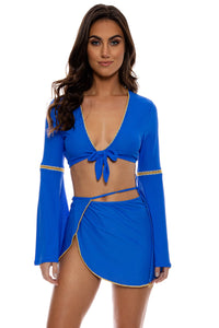 LULI CHIC - Bell Sleeve Crop Top & Tie Side Wrap Skirt • Electric Blue