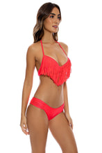 COSITA BUENA - Plunge Push Up Fringe Underwire Top & Scrunch Side Full Bottom • Bombshell Red