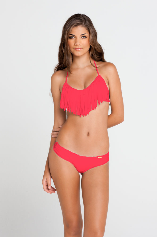COSITA BUENA - Fringe Scoop Halter Top & Wavy Brazilian Ruched Back Bottom • Bombshell Red