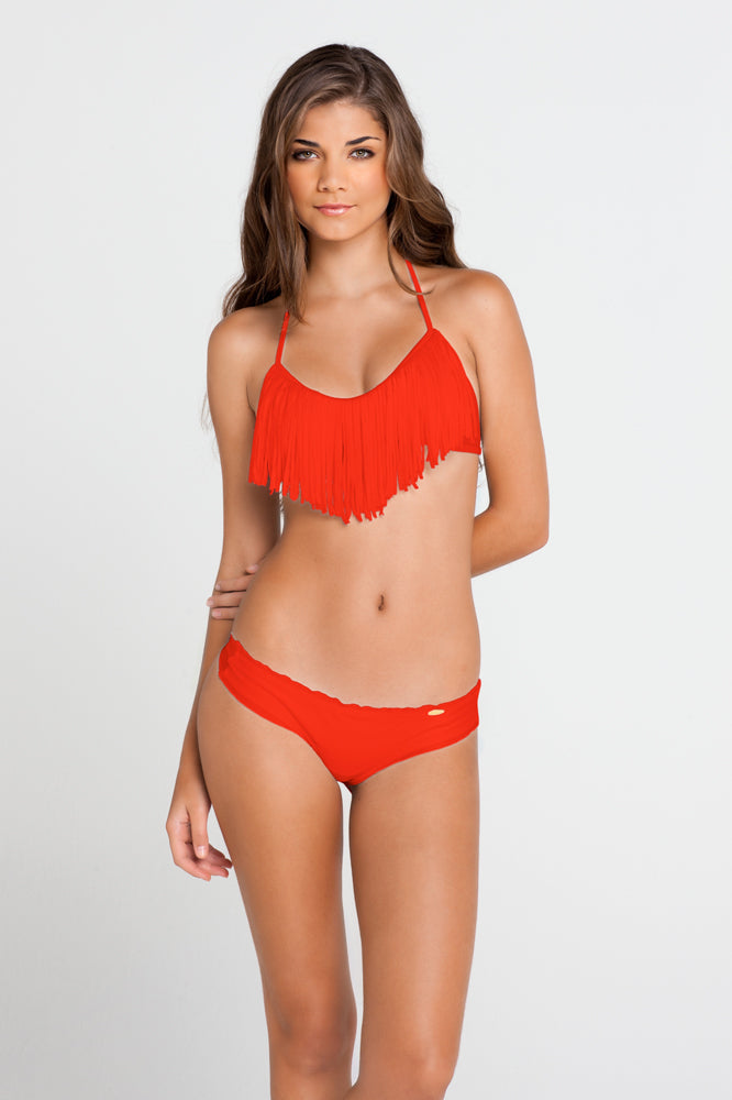 COSITA BUENA - Fringe Scoop Halter Top & Wavy Brazilian Ruched Back Bottom • Luli Red