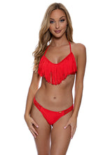 COSITA BUENA - Fringe Scoop Halter Top & Multi Strap Ruched Back Bottom • Luli Red