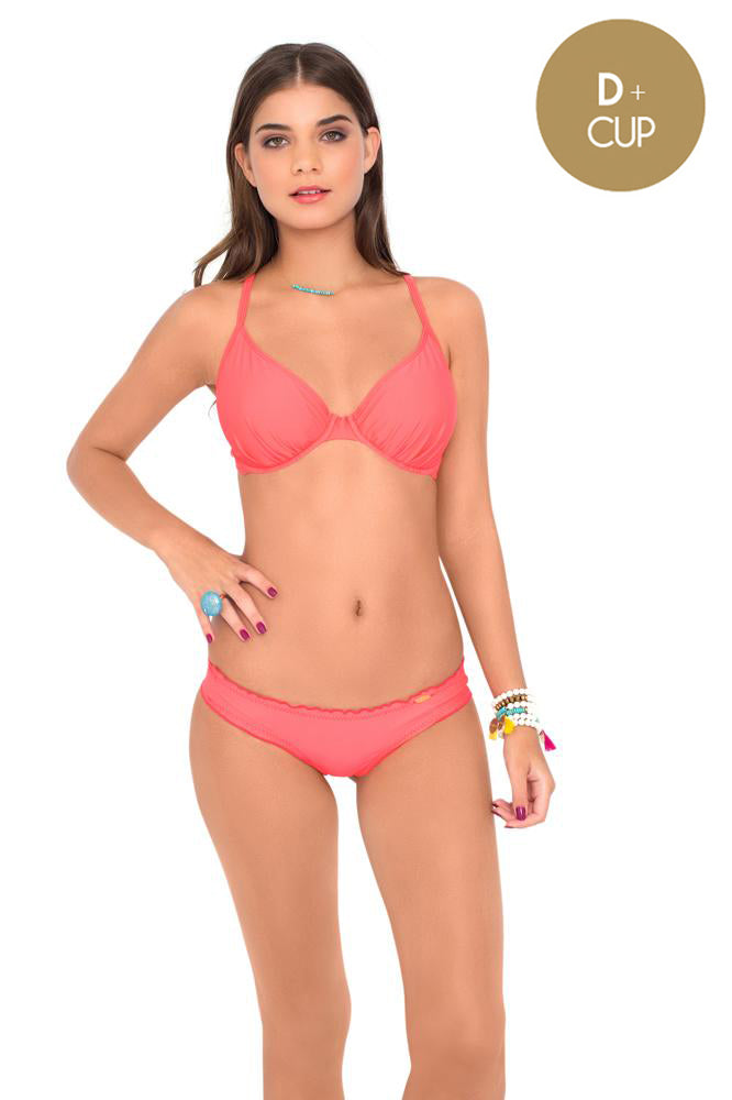 COSITA BUENA - Underwire Adjustable Top & Wavey Brazilian Ruched Back Bottom • Fire Coral