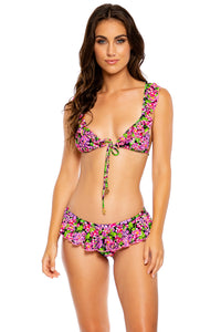 SEXY SEÑORITA - Frilly Triangle Top & Ruffle Wavy Back Ruched Bottom • Pink Black