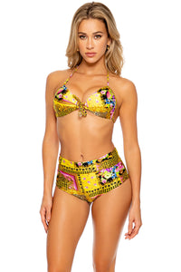 BACK  IN TIME - Molded Push Up Bandeau Halter Top & High Waist Band Bottom • Multicolor