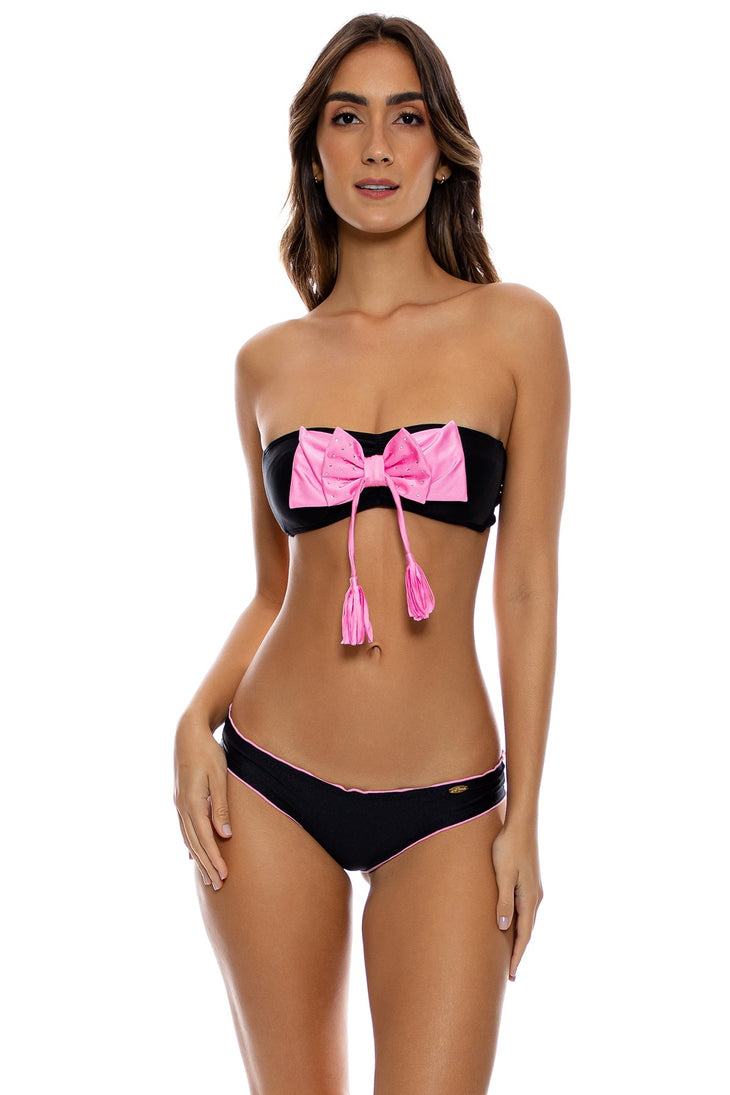 BESOS Y LAZOS - Bow Bandeau Top & Full Ruched Back Bottom • Black Pink