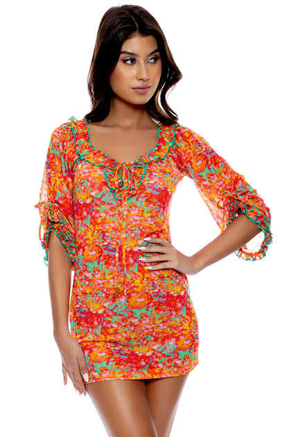 FIESTA DE FLORES - Ruffle V Neck Dress • Multicolor