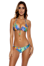AGUA DE FUEGO - Molded Push Up Bandeau Halter Top & Full Ruched Back Bottom • Multicolor
