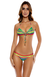 TULUM PARTY - Molded Push Up Bandeau Halter Top & Full Ruched Back Bottom • Multicolor