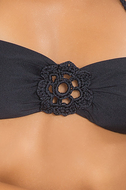 FLORCITAS DE ARENA - Hand Knit Crochet Flower Bandeau & Hand Knit Crochet Flow Tie Side Brazilian • Black