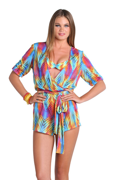 PLAYA VERANO - Wrap Front 3/4 Sleeve Romper • Multicolor