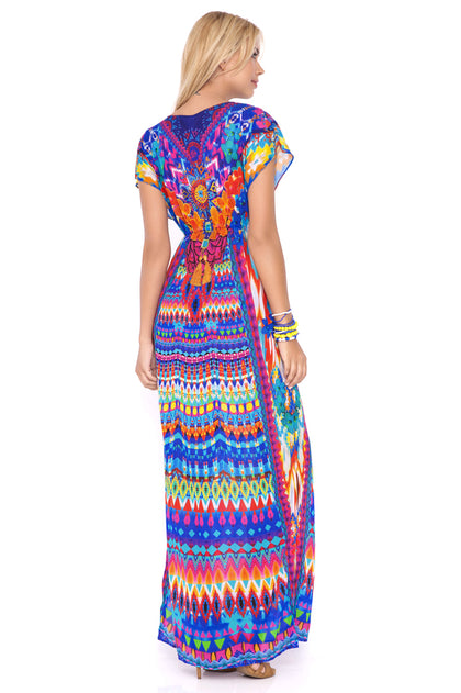 TRIBAL BEACH - Cap Sleeve Long Caftan • Multicolor