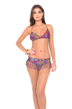 GIPSY SOUL - Cross Over Bra W  Adjustable Back Tie & Tasseled Skirt Band Moderate Bottom • Multicolor