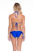BLUE KISS - Molded Push Up Bandeau Halter Top & Wavy Ruched Back Full Tie Side Bottom • Electric Blue