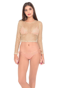 STARFISH WISHES - Long Sleeve Crop Top & Wavey Ruched Back Brazilian Tie Side Bottom • Gold Fire Coral