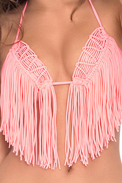 HEART OF A HIPPIE - Weave Fringed Triangle Top & Weave Fringed Moderate Bottom • Pink Sunsets