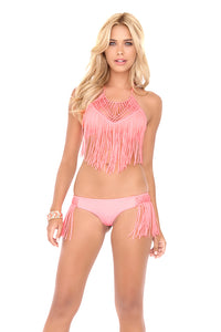 HEART OF A HIPPIE - Weave Fringed Halter Top & Weave Fringed Skimpy Bottom • Pink Sunsets