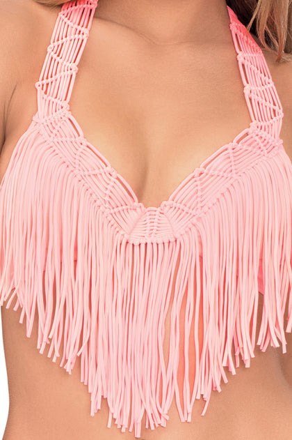 HEART OF A HIPPIE - Weave Fringed Underwire Top & Full Bottom • Pink Sunsets