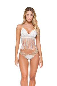 MUCHACHITA LINDA - Cross Over Fringe Bra Top With Adjustable Back & Strappy Brazilian Ruched Back Bottom • White/ Gold
