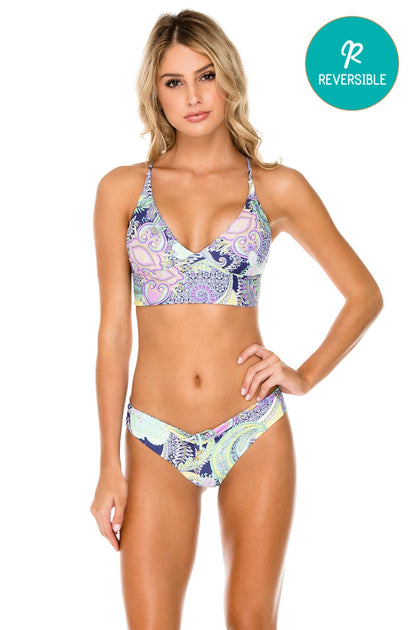 DYNASTY - Cross Back Bustier Top & Drawstring Ruched Brazilian Bottom • Marino