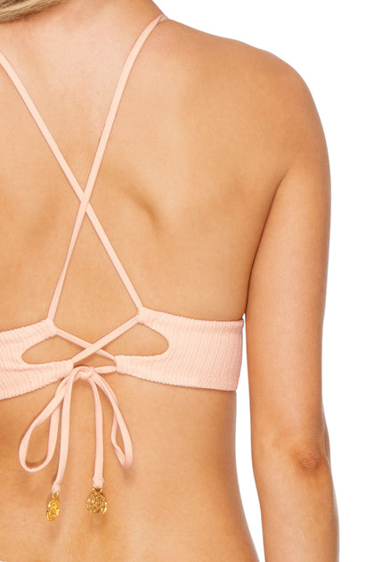 JAGGED BOMBSHELL - Cross Back Bustier Top & Strappy Brazilian Ruched Back Bottom • Peachin