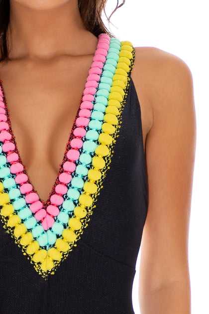 NIGHT LIGHTS - Deep V Crossed Back One Piece • Black Runway