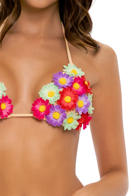 PRETTY THINGS - Flower Accent Triangle Top & Flower Detail Wavy Ruched Back Tie Side Bottom • Nude