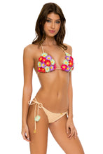 PRETTY THINGS - Flower Accent Triangle Top & Flower Detail Wavy Ruched Back Tie Side Bottom • Nude