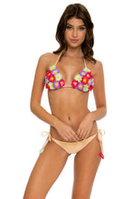 PRETTY THINGS - Flower Accent Triangle Top & Flower Detail Wavy Ruched Back Tie Side Bottom • Nude