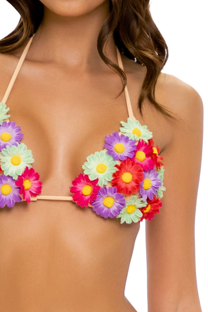 PRETTY THINGS - Flower Accent Triangle Top & Flower Detail Wavy Ruched Back Full Tie Side Bottom • Nude