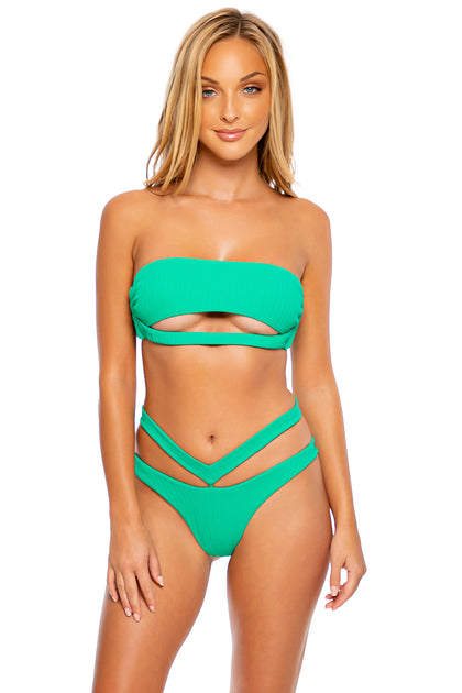 PLAYA VIBES - Open Front Bandeau & Strappy High Leg Brazilian Scrunch Bottom • Mojito