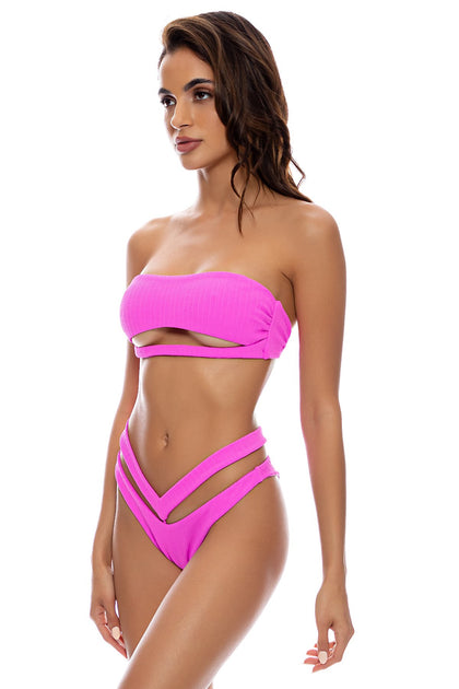 PLAYA VIBES - Open Front Bandeau & Strappy High Leg Brazilian Scrunch Bottom • Blushin
