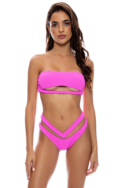 PLAYA VIBES - Open Front Bandeau & Strappy High Leg Brazilian Scrunch Bottom • Blushin