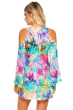 CELESTIAL DREAMS - Peek-a-boo Shoulder Tie Front Short Dress • Multicolor Runway