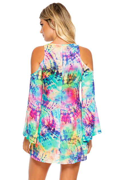 CELESTIAL DREAMS - Peek-a-boo Shoulder Tie Front Short Dress • Multicolor Runway