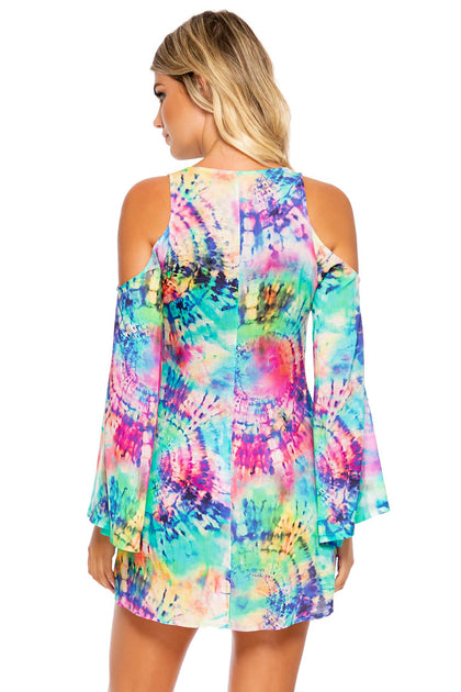 CELESTIAL DREAMS - Peek-a-boo Shoulder Tie Front Short Dress • Multicolor