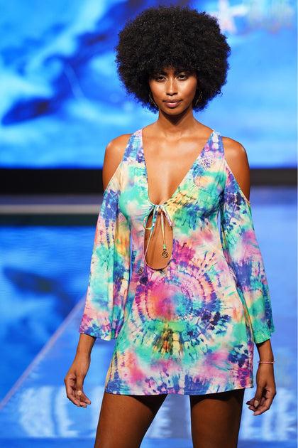 CELESTIAL DREAMS - Peek-a-boo Shoulder Tie Front Short Dress • Multicolor Runway