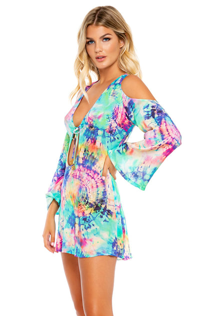 CELESTIAL DREAMS - Peek-a-boo Shoulder Tie Front Short Dress • Multicolor Runway