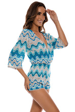 SKY WAVES   Gold Trim V neck Romper • Aqua