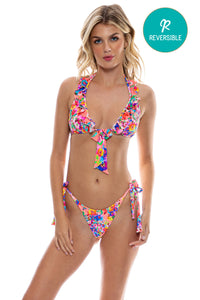 WATER BLOSSOMS - Ruffle Halter Top & Seamless Bow Tie Side Thong Bottom • Electric Coral
