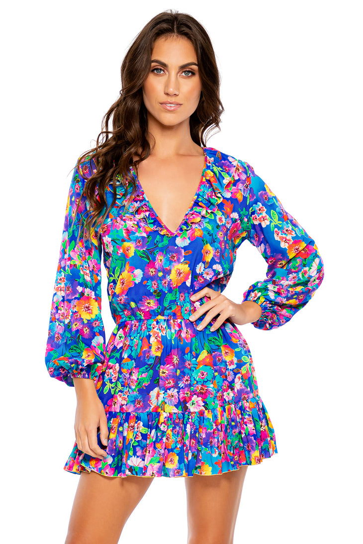 WATER BLOSSOMS - Ruffled Deep V Frill Hem Dress • Multicolor