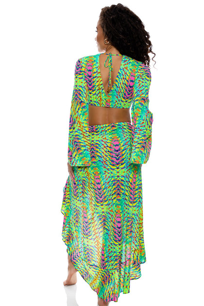 OASIS BABE - Bell Sleeve Crop Top & Ruffle High Lo Slit Skirt • Multi Green