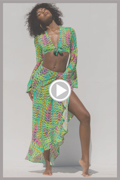 OASIS BABE - Bell Sleeve Crop Top & Ruffle High Lo Slit Skirt • Multi Green Digital Presentation