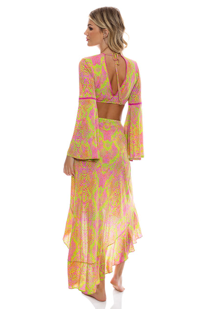 BORN TO BE WILD - Bell Sleeve Crop Top & Ruffle High Lo Slit Skirt • Multicolor