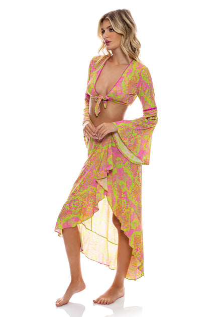 BORN TO BE WILD - Bell Sleeve Crop Top & Ruffle High Lo Slit Skirt • Multicolor